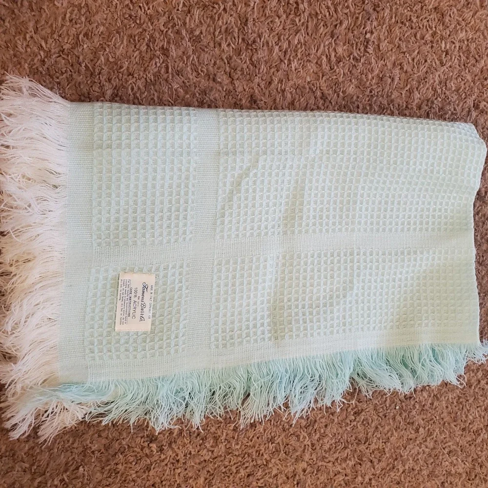 Vintage Famous-Barr Co Italy Baby Blanket Waffle Weave Fringe Blue Cream Acrylic